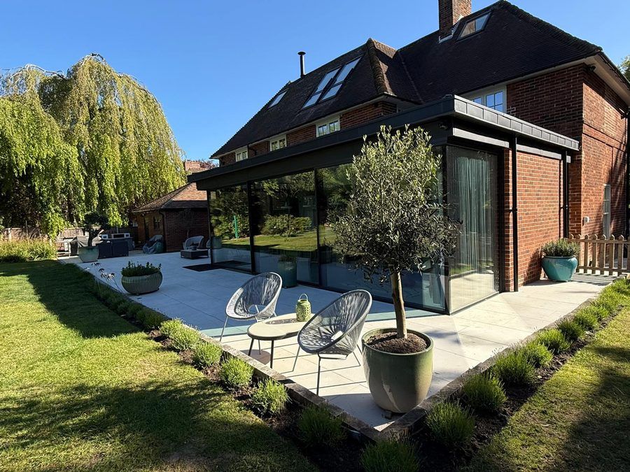 Completed glazed rear extension, Knebworth renovation